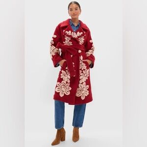 Burgundy Bold Flowers Fleece Jacket Farm Rio Red Floral Hippie